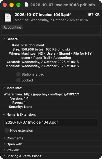 Get Info for 2026-10-07 Invoice 1043.pdf, showing its Accounting tag, the day it arrived as its created and modified date, and a link to its HEY thread under Where from.
