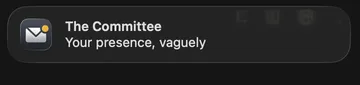 A macOS notification from MenuBar for HEY naming the sender and the subject of a new thread.