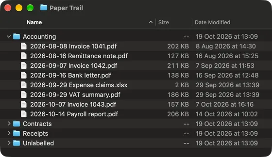 Files in the Accounting folder of the Paper Trail mirror in Finder, each named with the date it arrived, invoices among them, so the newest is last.