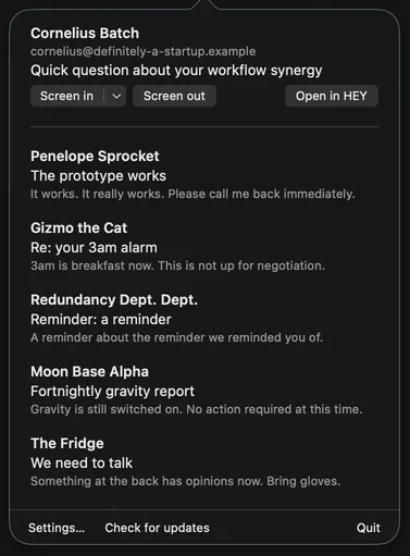 The popover, with a first time sender on top offering Screen in, Screen out and Open in HEY, and new threads listed below.