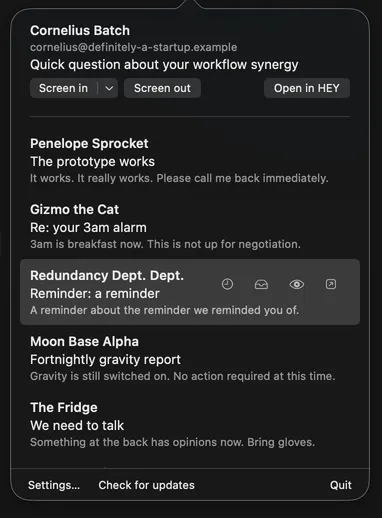 The popover with the pointer over one thread, which shows four action buttons on its row.
